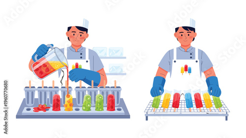Artisan Popsicle Craft: A skilled craftsman meticulously creates vibrant, refreshing popsicles, pouring liquid ingredients with precision into molds, capturing the essence of homemade delight.