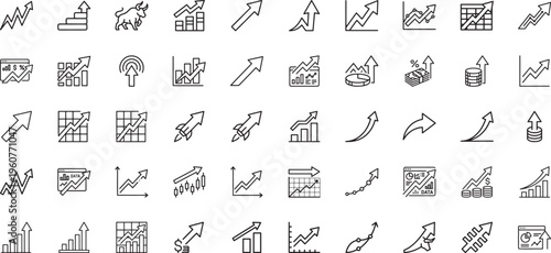 Dynamic market growth and financial prosperity symbols outline icons