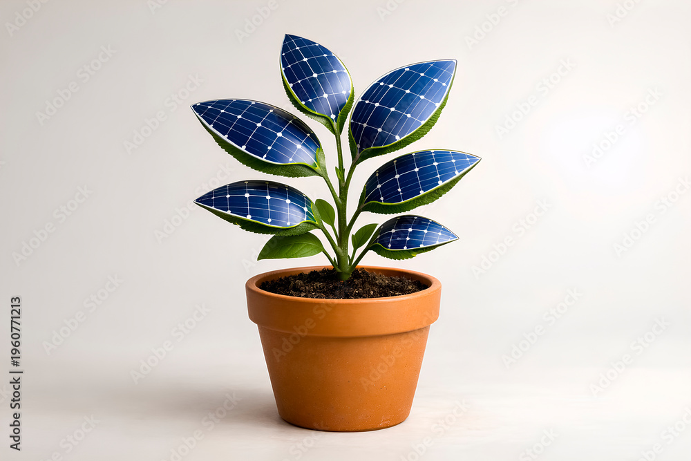 Fototapeta premium Potted houseplant with glossy blue solar panel leaves on clean background, creative renewable energy concept blending nature and technology in a minimal modern eco design
