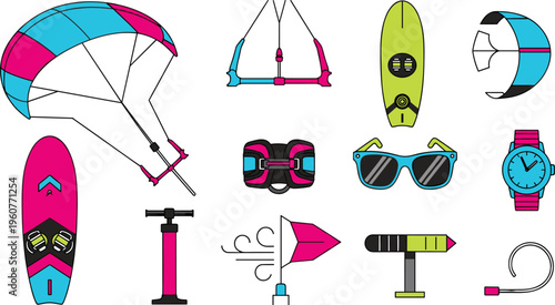 Kitesurfing and extreme water sports equipment icon set