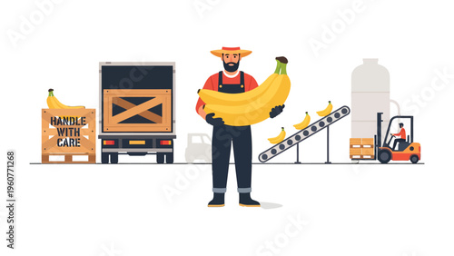 Banana Harvest and Processing: A depiction of a banana farmer proudly holding a bunch of ripe bananas as part of the agricultural process, in a cartoon-like illustration.