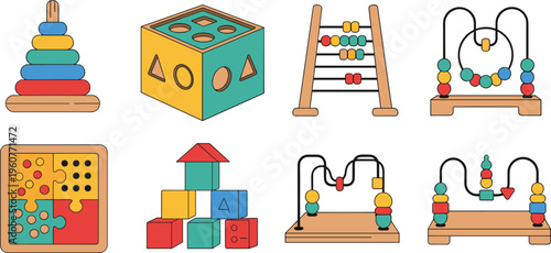 Kids Educational Toys Icon Set with Shape Sorter Abacus Stacking Rings Activity Cube Bead Maze and Learning Blocks for Early Childhood Development Design