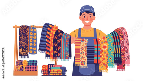 Colorful Textile Display: A smiling vendor presents a vibrant array of shawls and scarves, showcasing exquisite patterns and rich hues, perfect for adding warmth and style.