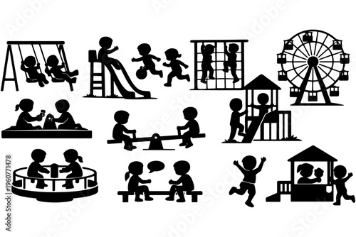 Happy Children Running, Jumping, Swinging – Vector