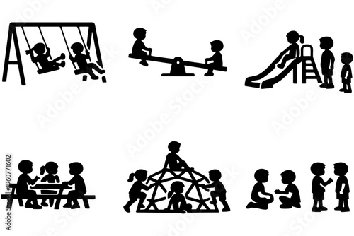 Playground Activity Icons Kids Playing Outdoor Silhouette Set