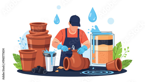 Plumbing Precision: A skilled plumber meticulously repairs a valve, surrounded by tools and water elements, symbolizing expertise and maintenance in the realm of water systems.