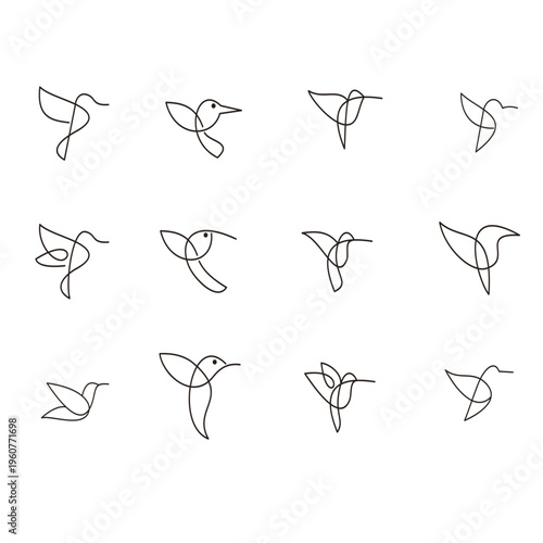Minimalist Monoline Hummingbird Line Art Vector Set - Elegant Flying Bird Logo Design Elements Collection