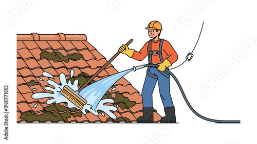 Roof Cleaning: A professional worker meticulously cleans a moss-covered rooftop using high-pressure water, ensuring a thorough and efficient cleaning process.