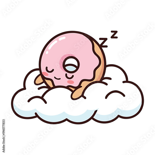 Sleepy pink donut cartoon character resting on cloud