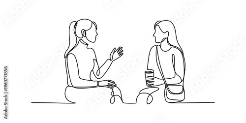 Continuous line drawing of two women having a conversation while sitting and holding a coffee cup.