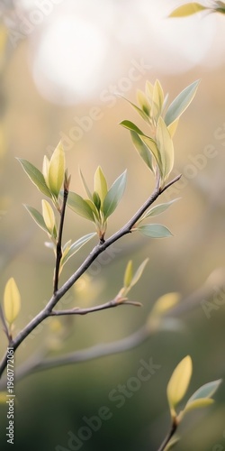 Serene Springtime Close-Up of Delicate Branch with Soft Green Leaves in Gentle Sunlight and Bokeh