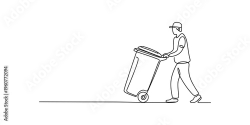 Continuous line drawing of a male garbage collector pushing a trash bin on wheels.
