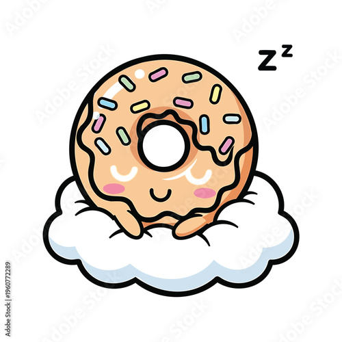 Cute cartoon donut sleeping peacefully on a fluffy cloud with Zzz symbol, Kawaii food illustration