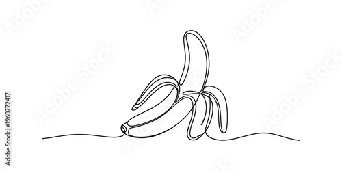Continuous line drawing of a partially peeled banana fruit on a white background.