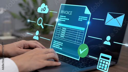 Person typing on laptop with digital invoice and business icons floating above technology