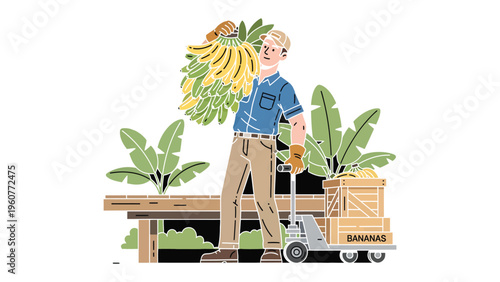 Harvest of Abundance: A worker diligently transports a generous bundle of ripe bananas, accompanied by a loaded pallet.