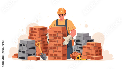 Building Blocks of Creation: A construction worker skillfully maneuvers bricks amidst a scene of building materials.