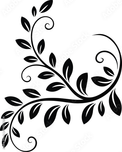 Elegant Black Floral Vector Ornament with Curved Swirling Vines, Stylized Leaves, and Decorative Symmetrical Pattern for Tattoo and Graphic Design