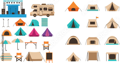 Camping equipment and tent collection with camper van, outdoor furniture and travel gear flat vector illustration set for adventure lifestyle