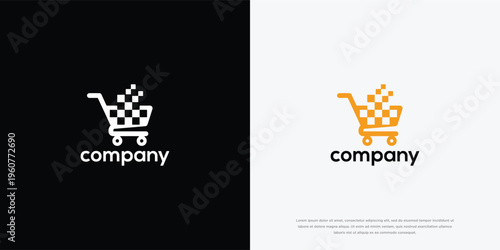 Digital Pixel Shopping Cart Logo Design for E-commerce and Technology Brands