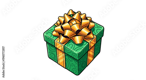 A green gift box with gold ribbon.