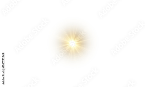 Yellow star flashed with sparkles sun isolated on white background. Soft glow without departing rays, sunlight with lens flare effect. PNG vector light effect.