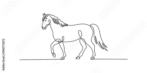 Continuous line drawing of a walking horse on a white background in minimalist style.