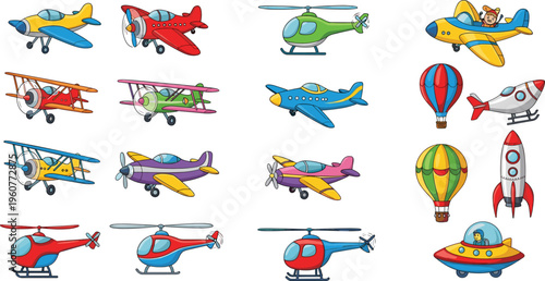 Cartoon aircraft and flying vehicles collection airplanes helicopters rockets and hot air balloons vector illustration set