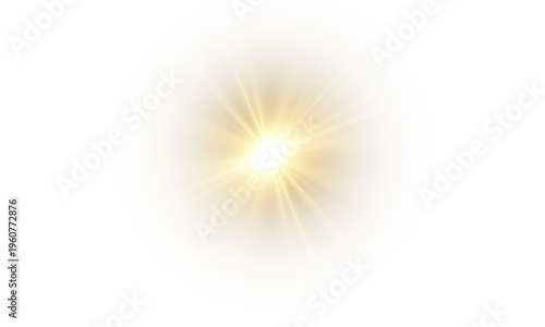 Yellow star flashed with sparkles sun isolated on white background. Soft glow without departing rays, sunlight with lens flare effect. PNG vector light effect.