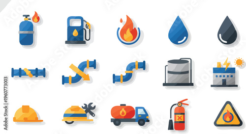 A modern and colorful set of energy and fuel-related vector icons featuring gas, oil, flame, and industrial elements.