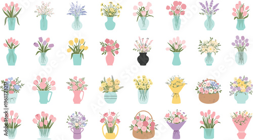 Colorful flower bouquet collection in vases with various floral arrangements for decoration, spring season and romantic design flat vector illustration set