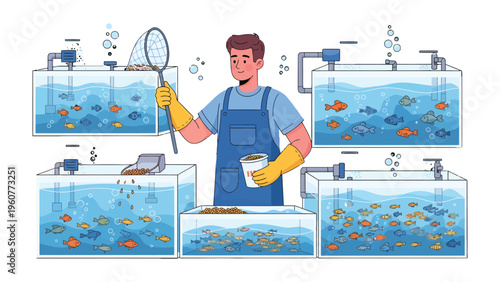 Aquarium Specialist in Action: A dedicated aquarist meticulously tends to a vibrant aquarium setup, showcasing expertise and care in this aquatic haven.