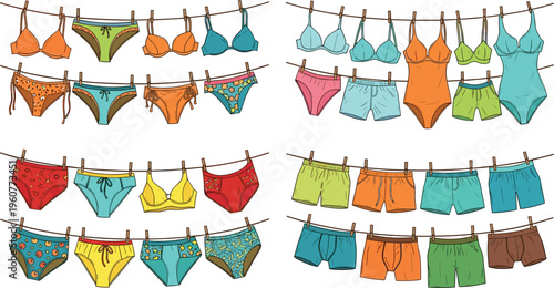 Colorful underwear and swimwear collection with bras, panties, boxers and shorts hanging on clothesline fashion vector illustration set