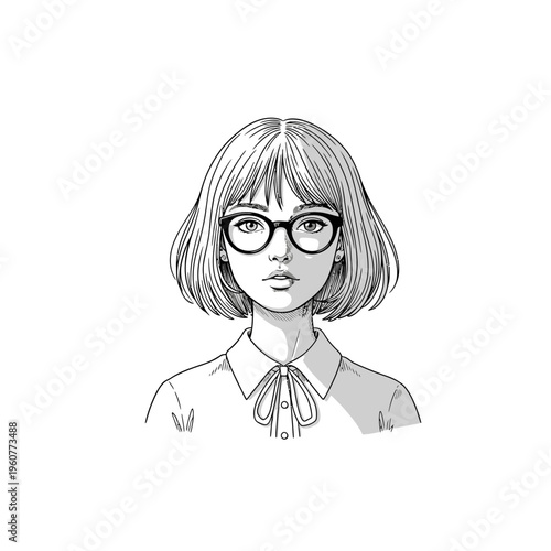 Young woman with short bob haircut and round glasses, black and white sketch portrait