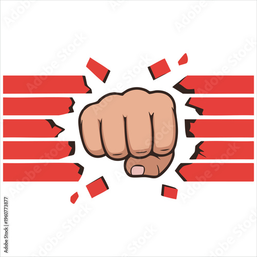 Dynamic Graphic Of A Hand Breaking Concrete Blocks Isolated Vector Illustration On White Background