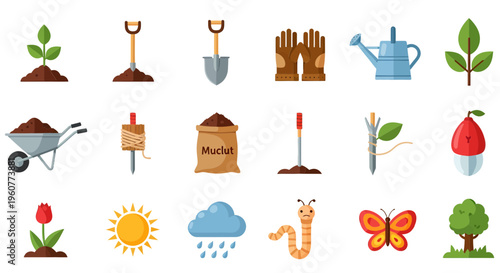 Arbor Day garden icons and tools.