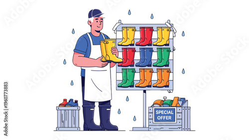 Boot Selection and display: A shopkeeper stands beside a display of colorful boots, offering various options for the customers to select from. Showcasing different styles and sizes.