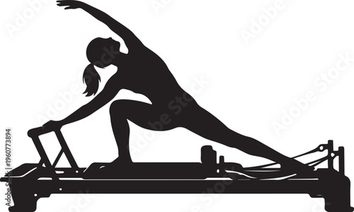 Woman performing a dynamic stretch on a Pilates reformer machine silhouette vector