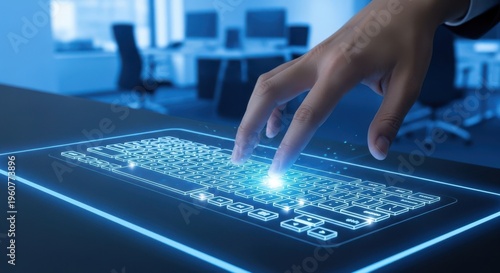 Hand touching virtual keyboard keys on hologram dashboard, input device, blue office background, stock style.