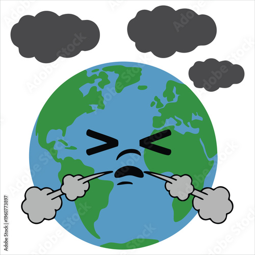 Illustration Of A Coughing Planet Earth With Dark Clouds Around It Isolated Vector Illustration On White Background