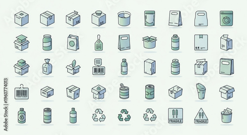 Collection of various recyclable plastic and cardboard waste packaging icons in green and blue hues on white background for eco friendly