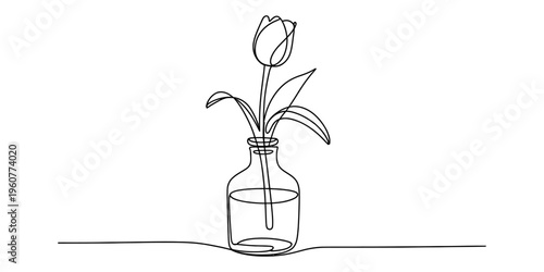 Minimalist continuous line drawing of a single tulip flower in a glass vase with water.
