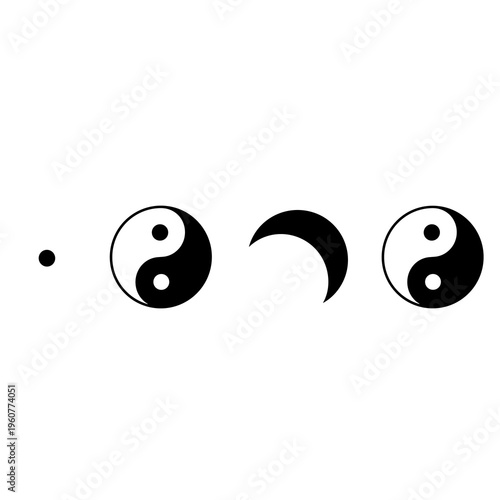 Abstract minimalist sequence of cosmic symbols illustrating balance, transformation, and duality with clean geometric forms in monochrome, perfect for modern graphic design concepts