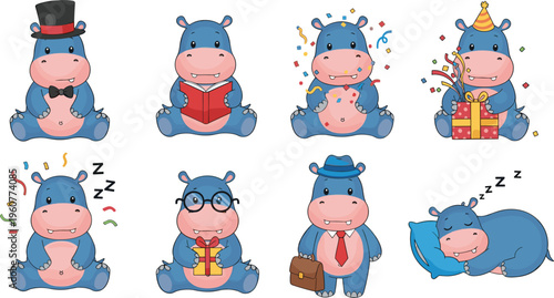 Cute cartoon hippopotamus characters set with different activities including reading, sleeping, celebrating, working and holding gifts colorful vector illustration collection
