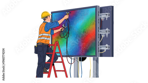 Digital Display Technician at Work: A skilled technician, in safety gear, meticulously works on a vibrant digital display, demonstrating precision and expertise in maintenance and repair.