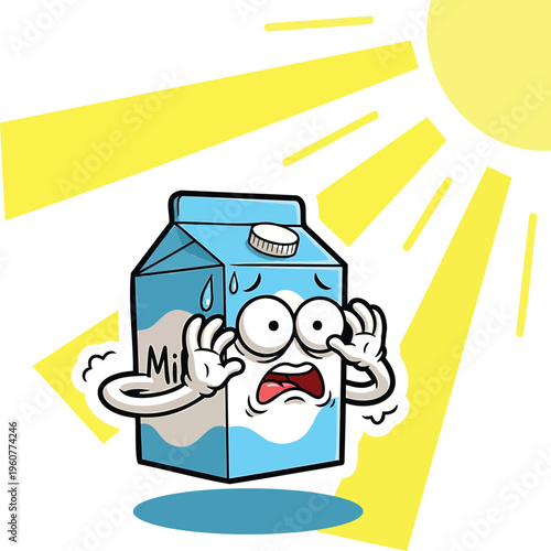 Funny cartoon milk carton character sweating and looking distressed under a bright sun, expressing heat and discomfort.