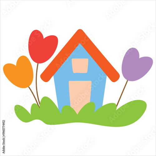Cute Childrens Drawing Crayon Illustration Of A House With Flower In Sunny Day Isolated Vector Illustration On White Background