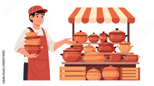 Artisan Craft at the Market: An artisan presents a vibrant collection of handcrafted earthenware at a market stall, showcasing rustic beauty and timeless craftsmanship.