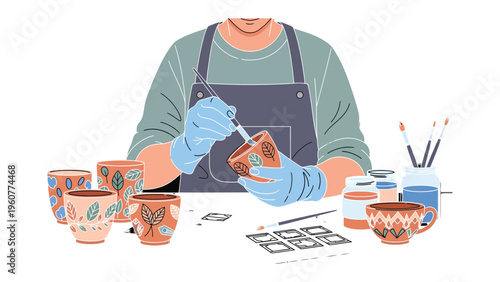 Crafting Ceramic artistry: An artisan meticulously handcrafting and decorating earthenware with precision and care, surrounded by the tools of the trade.