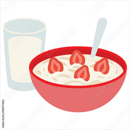 Oatmeal Breakfast Bowl With Strawberry And Glass Of Milk For Healthy Eating Isolated Vector Illustration On White Background